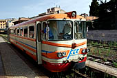Circumetnea, the narrow gauge railway that runs around the large cone of Mount Etna. The 'littorina' at the station of Catania.