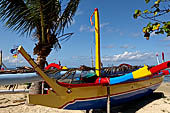 Sanur, Bali. Balinese double outrigger jukung a type of Pacific/Asian outrigger canoes.