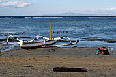 Sanur, Bali. Balinese double outrigger jukung a type of Pacific/Asian outrigger canoes.