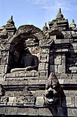 Borobudur - Water sprouts shaped like makaras are used on the lowest level, at the upper levels kala-like faces are used. 
