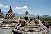 Borobudur - The 'invisible' Buddha placed inside  the bell shaped stupa of the upper terraces, two of them have been left exposed. 