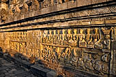 Borobudur reliefs - Fourth Gallery - Panel 53. Samanthabadra sits in the bottom centre with above a row of Buddhas.
