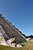 The Pyramid of Kukulcan, or the Castle (el Castillo), the most imposing structure at Chichen Itza. The balustrades of the northern staircase originate from two feathered serpent's heads, effigy of Kukulcan. 