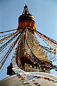 Bodhnath - The finial with the famous eyes and the pinnacle with thirteen steps. 