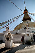 Bodhnath - the huge hemispherical dome of the stupa with the finial with the famous eyes and the pinnacle with thirteen steps. 