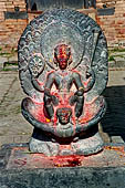 Changu Narayan - Vishnu on Garuda (XI C.) NW corner of the temple courtyard. It seems it is a replica of the divinity inside the main temple (closed to the non-Hindu people). 