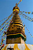 Swayambhunath - The finial of the dome of the stupa. The golden pinnacle has thirteen tiers symbolising the ultimate stage of spiritual development.
