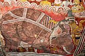 Dambulla cave temples - Cave 2, Maharaja Vihara (Temple of the Great Kings) panels of the Mara Parajaya (Defeat of Mara): first panel detail of  Mara riding an elephant. 