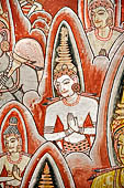 Dambulla cave temples - Cave 2, Maharaja Vihara (Temple of the Great Kings) panels of the Mara Parajaya (Defeat of Mara): panel of the Isipatana, details of the assembly receiving the first Buddha sermon. 