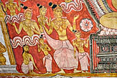 Dambulla cave temples - Cave 2, Maharaja Vihara (Temple of the Great Kings) panels of the Mara Parajaya (Defeat of Mara): in the second panel Buddha seated in dhyani mudra is tempted by the daughters of Mara. 