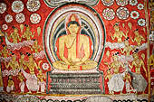 Dambulla cave temples - Cave 2, Maharaja Vihara (Temple of the Great Kings) panels of the Mara Parajaya (Defeat of Mara): in the second panel Buddha seated in dhyani mudra is tempted by the daughters of Mara. 