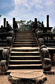 Polonnaruwa - the Citadel, the Council Chamber. The sumptuous stone stairways embellished with makara balustrades and topped with two lions. 
