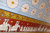 Kandy - The Sacred Tooth Relic Temple, entrance stairway: details of the canopy painted with lotuses and pictures of the perahera.