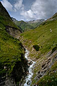 Austria Alti Tauri, escursione dal Salm Hutte a Heiligenblutt.  Il sentiero percorre il fondo della Leitertall. Il Leiter Brocke guardato verso monte