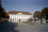 Austria, Carinzia. Klagenfurth. Il Rathaus (1650) con la statua del Lundworm brunene il drago simbolo della citt. 