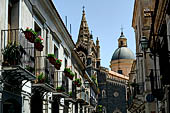 Randazzo, cityscape of via Umberto with the basilica on the background. 