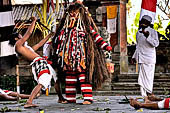 Barong dance - soldiers cursed by Rangda wanted to kill themselves but Barong casted a spell that turned their body resistant to the sharp keris. 