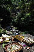 Gunung Kawi (Bali) - The river gorge and simple offerings brought to the temple. 