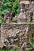 Pura Beji Sangsit , Bali, platforms and shrines of the inner courtyard, details of the sculptures.