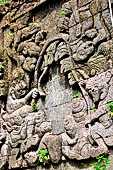 Pura Beji Sangsit , Bali, platforms and shrines of the inner courtyard, details of the sculptures.