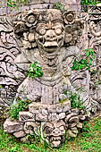 Pura Beji Sangsit , Bali, platforms and shrines of the inner courtyard, details of the sculptures.