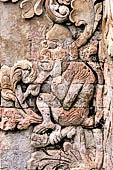 Pura Beji Sangsit , Bali, platforms and shrines of the inner courtyard, details of the sculptures.