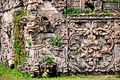 Pura Beji Sangsit , Bali, platforms and shrines of the inner courtyard, details of the sculptures.
