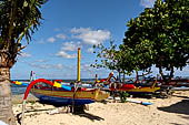 Sanur, Bali. Balinese double outrigger jukung a type of Pacific/Asian outrigger canoes.