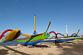 Sanur, Bali. Balinese double outrigger jukung a type of Pacific/Asian outrigger canoes. 