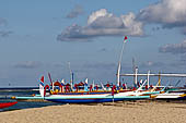 Sanur, Bali. Balinese double outrigger jukung a type of Pacific/Asian outrigger canoes. 