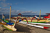 Sanur, Bali. Balinese double outrigger jukung a type of Pacific/Asian outrigger canoes.