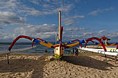 Sanur, Bali. Balinese double outrigger jukung a type of Pacific/Asian outrigger canoes.