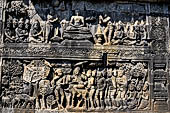 Borobudur reliefs - First Gallery, Northern side - Lalitavistara. Panel 93. Bodhisattvas visit meditating Sakiamuni.