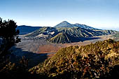 Bromo - the Pananjakan view point. The view embraces the immense caldera with the cones of Bromo, Batok and Kursi with the cone of Mt. Semeru in the distance.
