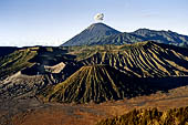 Bromo - the Pananjakan view point. The view embraces the immense caldera with the cones of Bromo, Batok and Kursi with the cone of Mt. Semeru in the distance.