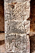 Chichen Itza - Great Ball court. The Lower Temple of the Jaguars. Sculpted inner columns, detail of the right hand column. The four women carved on this column have been identified as the wives of the Maize God.  