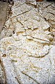 Palenque - The Palace. Patio of the Captives (Patio de los Cautivos), detail of the figure at the right side of the stairway of House A. 