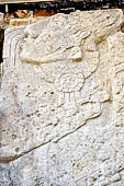 Palenque - The Palace. Patio of the Captives (Patio de los Cautivos), detail of the figure at the right side of the stairway of House A. 