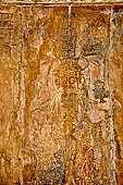 Palenque - Temple of the Sun (Templo del Sol). Tables of accession of king Serpent-Jaguar II (Chan-Bahlum). Detail of the sun god in his aspect of the Jaguar Night Sun, supported by two figures of God L. 