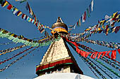 Bodhnath - The finial with the famous eyes and the pinnacle with thirteen steps.