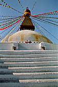 Bodhnath - the huge hemispherical dome of the stupa with the finial with the famous eyes and the pinnacle with thirteen steps.