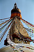 Bodhnath - The finial with the famous eyes and the pinnacle with thirteen steps.