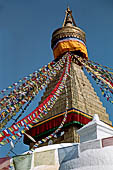 Bodhnath - The finial with the famous eyes and the pinnacle with thirteen steps.