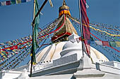 Bodhnath - the huge hemispherical dome of the stupa with the finial with the famous eyes and the pinnacle with thirteen steps.