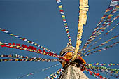 Bodhnath - The finial with the famous eyes and the pinnacle with thirteen steps.