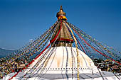 Bodhnath - the huge hemispherical dome of the stupa with the finial with the famous eyes and the pinnacle with thirteen steps.