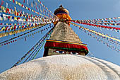 Bodhnath - the huge hemispherical dome of the stupa with the finial with the famous eyes and the pinnacle with thirteen steps.