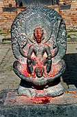 Changu Narayan - Vishnu on Garuda (XI C.) NW corner of the temple courtyard. It seems it is a replica of the divinity inside the main temple (closed to the non-Hindu people).