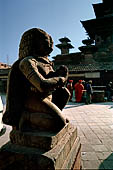 Kathmandu - Durbar Square. Towards the North-east end of the square a small temple dedicated to Vishnu with a statue of Garuda in front marks the start of Makhan Tole the old India-Tibet road.  