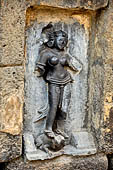 Hirapur - the Sixtyfour Yoginis Temple, Yogini n 19 (clockwise), two armed figure mounting on a big frog. Note the beautiful braid of hair. 